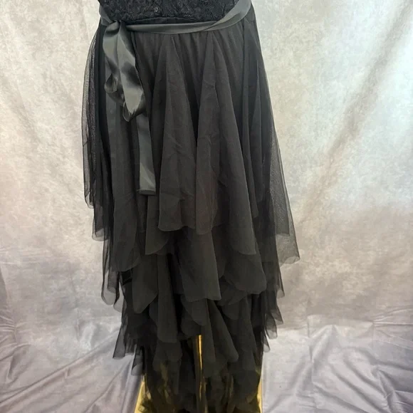 Elegant Black Halter Formal Sheer Illusion Dress layered tulle prom bow sequin - Picture 4 of 10